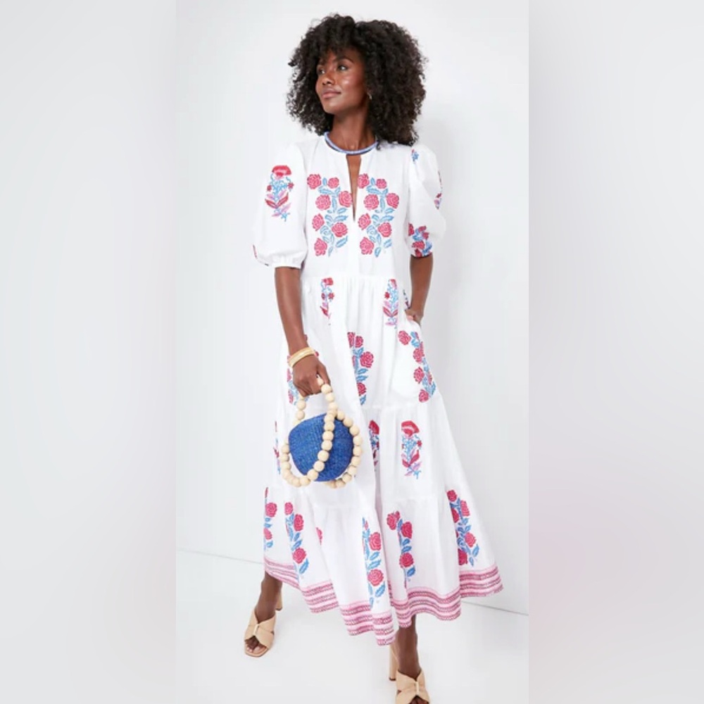 Oliphant White Midi Dress with Pink and Blue Embroidery